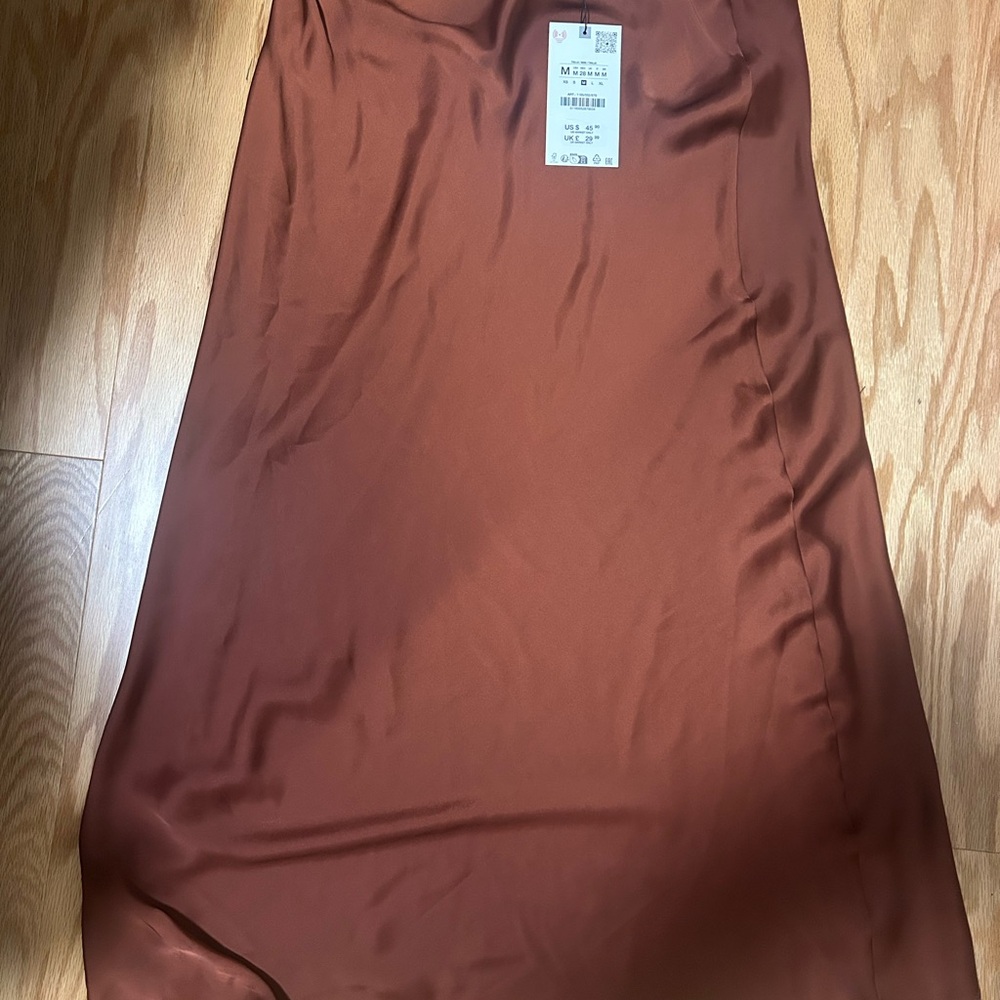 Zara Rust Satin Midi Skirt M